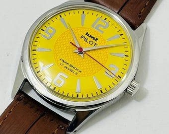 Vintage HMT Pilot Yellow Dial Mechanical Watch: 17Jewels Manual-Winding Made in India Christmas gifts