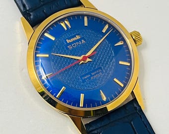 Vintage HMT Sona Blue Dial Mechanical Watch: 17 Jewels, Made in India Christmas gifts