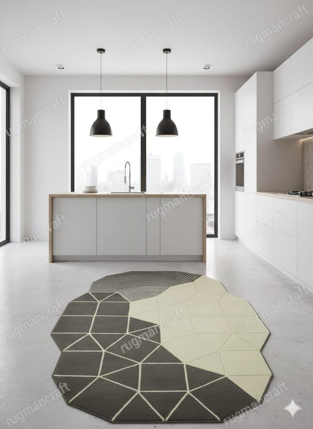 Handwoven Wool Geometric Rug – Two-tone Abstract Polygon, Custom Size ...