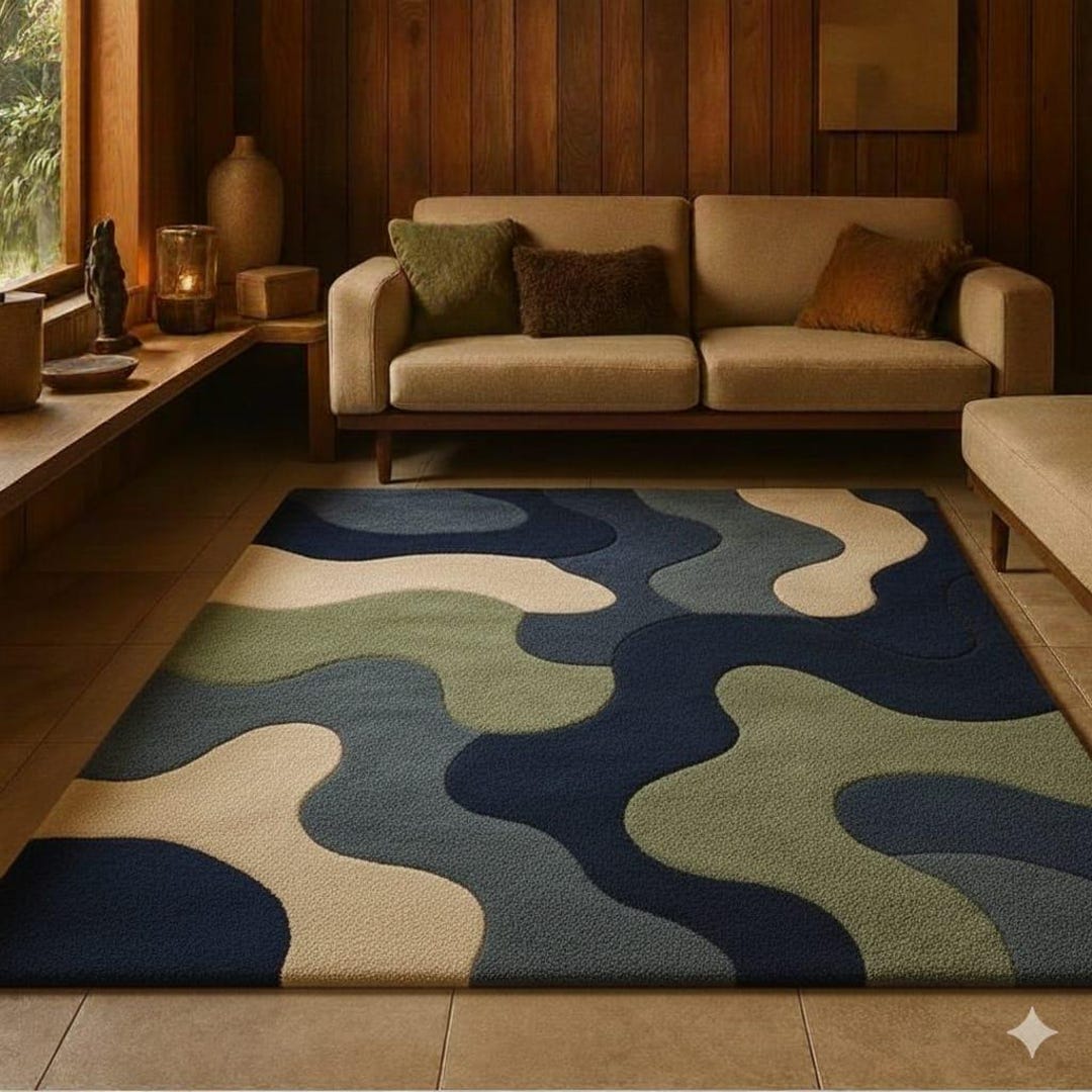 Blue Wavy Pattern Rug Modern Abstract Area Rug, Blue Green Wave Pattern Rug, Contemporary ...