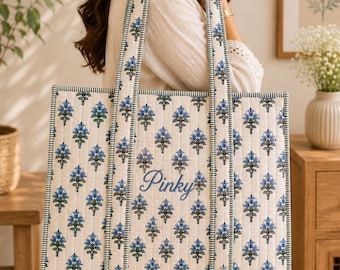 Embroidered Cotton Quilted Bag, Block Print Tote for Women, Boho Travel Bag, Handmade Shoulder Purse, Floral Mothers Day Gift, Bridesmaid