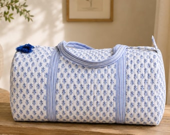 Handmade Quilted Cotton Duffle Bag: Block Printed Travel Bag
