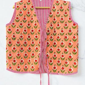 Block Printed Cotton Quilted Vest: Vintage Floral Waistcoat with Kantha Work