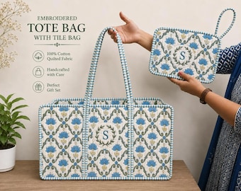 麻雀キルティングトートバッグ（名入れ可）、刺繍入りタイルゲームアクセサリー