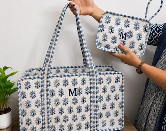 麻雀柄キルティングトートバッグ、刺繍ブロックプリントトラベルバッグ