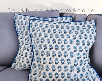 Hand Block Print Pillow Cover: Floral Cotton Cushion with Piping