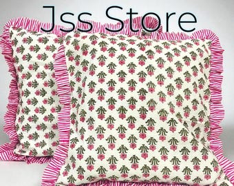 Indian Block Print Cotton Frill Cushion Cover: Bohemian Floral Pillow