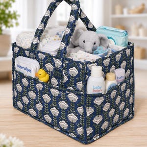 Personalisierter gesteppter Babywindel-Caddy, Blumenkindergarten-Organizer-Korb, Babypartygeschenk-Tasche