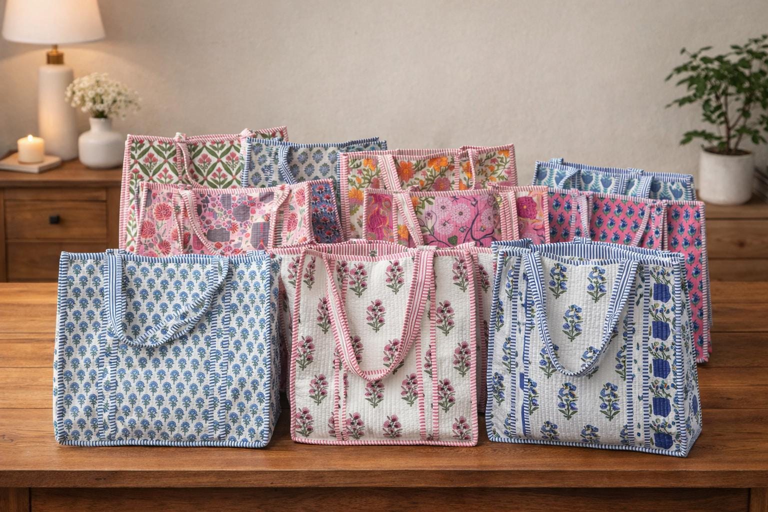 Hand Block Print Cotton Tote Bag, Quilted Indian Shoulder, Reusable Market Bag
