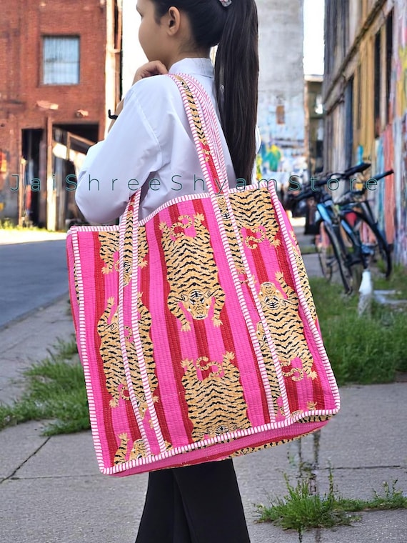 Tiger Print Cotton Quilted Bag, Block Print Tote Bag for Women, Boho Travel Bag, Handmade Shoulder Purse, Large Floral Weekender, Bridesmaid