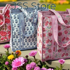 Floral Handprinted Quilted Tote Bag: Large Boho Weekender