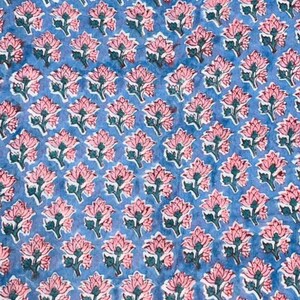 以下が含まれることがあります： 繰り返し模様の生地のクローズアップ。花はピンク色で緑の葉があり、青色の背景に配置されています。デザインは均等に配置され、視覚的に魅力的なテキスタイルを作成しています。