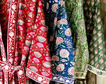 100% Cotton Hand Block Print Kimono Robe – Boho Loungewear, Beach Cover-up