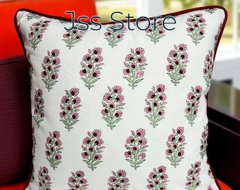Hand Block Print Pillow Cover: Floral Cotton Cushion with Piping