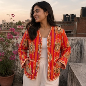 Tijgerkleurige gewatteerde katoenen jas, groen, boho-stijl, herfst/winterjas, vintage boho-bruiloft, omkeerbare kantha-jas voor dames, patchwork