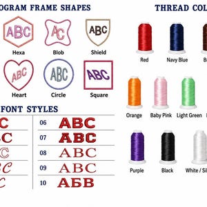 May include: Image showcasing monogram frame shapes, font styles, and thread colors. Frame shapes include wreath, heart, and shield. Font styles are numbered, and thread colors include red, navy blue, and orange.