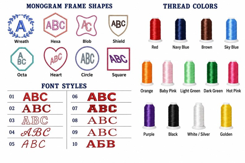 May include: Image showcasing monogram frame shapes, font styles, and thread colors. Frame shapes include wreath, heart, and shield. Font styles are numbered, and thread colors include red, navy blue, and orange.