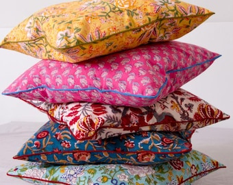 Hand Block Print Pillow Cover: Floral Cotton Cushion with Piping