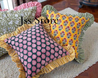 Indian Block Print Cotton Frill Cushion Cover: Bohemian Floral Pillow
