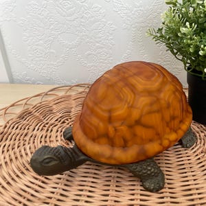 Vintage Turtle Night Light Amber Glass Shell Lamp Mid Century Metal Animal Table Lamp Decor