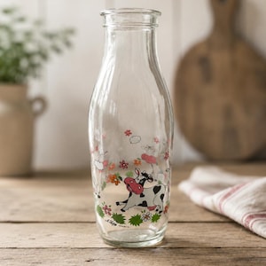牛乳瓶　ミルク瓶　フランス　アンティーク　Le Parfai パルフェ　牛柄 Vintage Le Parfait Cow Bottle French Farmhouse Glass 1.04L Floral