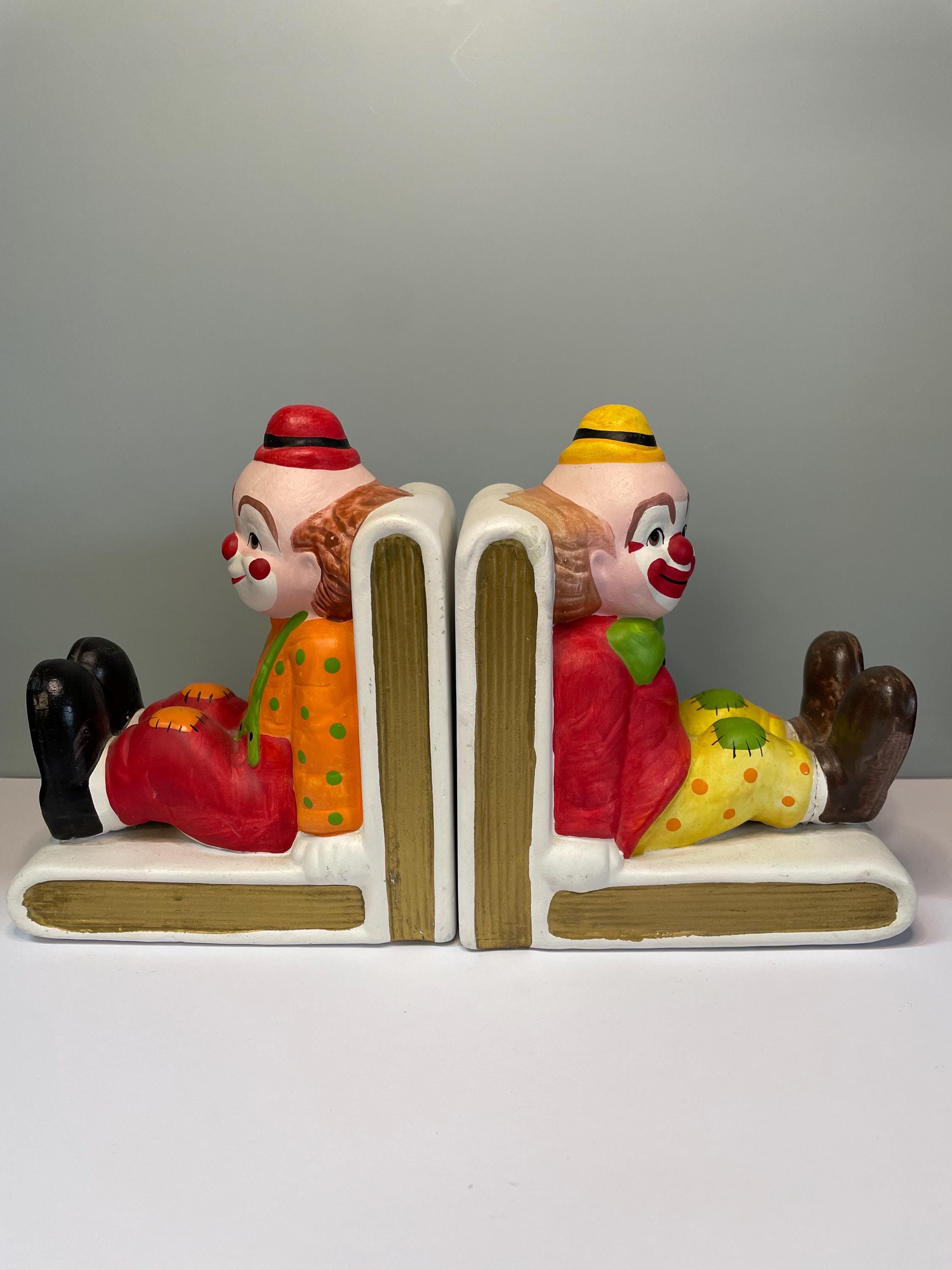 Vintage Clown Bookends 80s Circus Decor Colorful Glazed Figurine