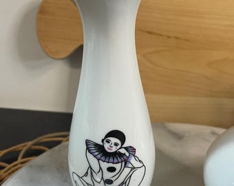 Vintage Pierrot Clown Porcelain Vases Hand Painted Whimsical