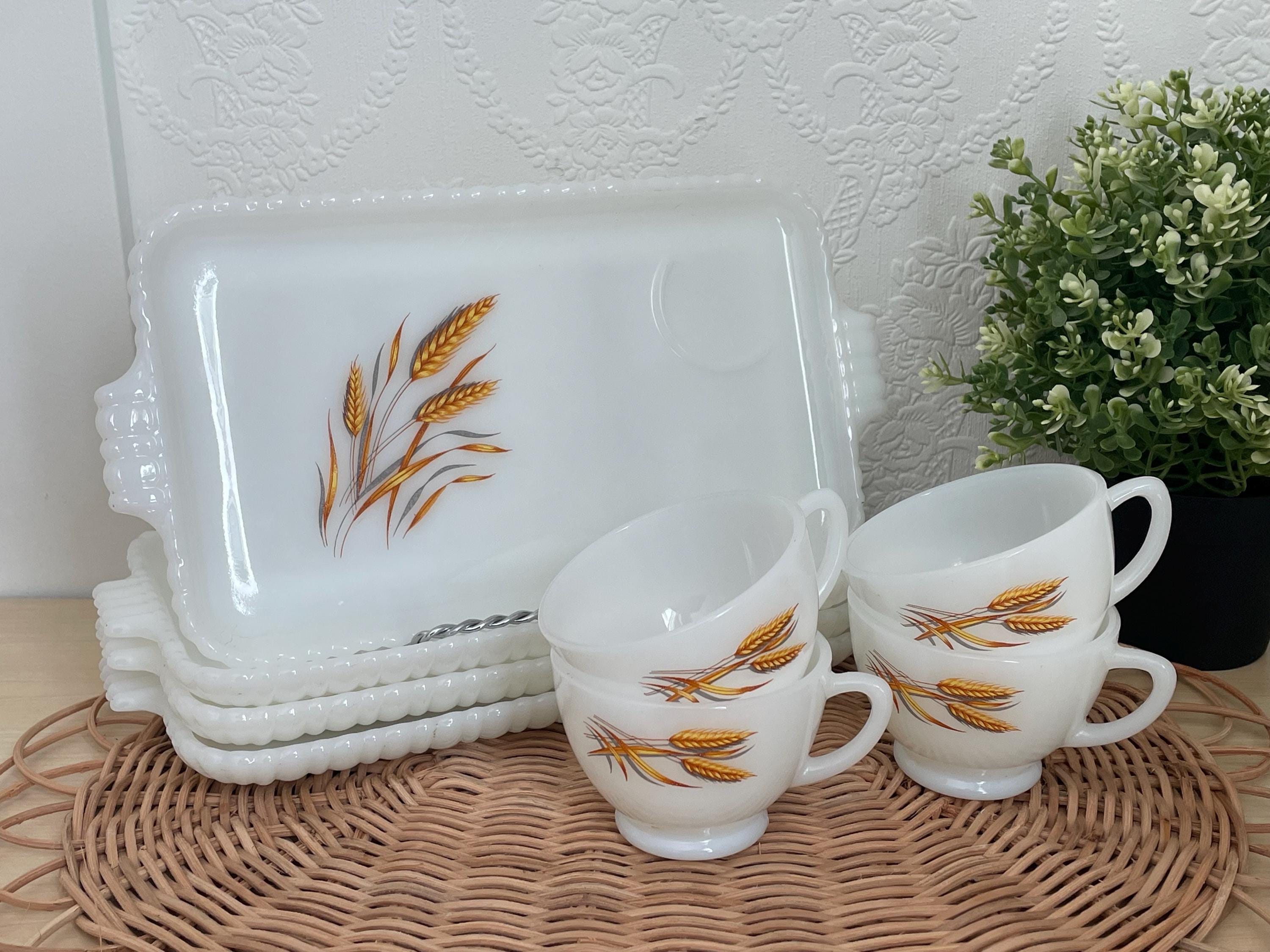Vintage Milk Glass Snack Tray Cup Set Wheat Pattern Mid Century