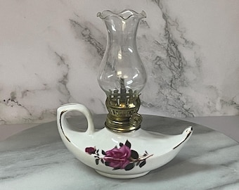 Vintage Miniature Porcelain Oil Lamp Hand-Painted Pink Rose Vintage Cottagecore Fairy Tale Decor