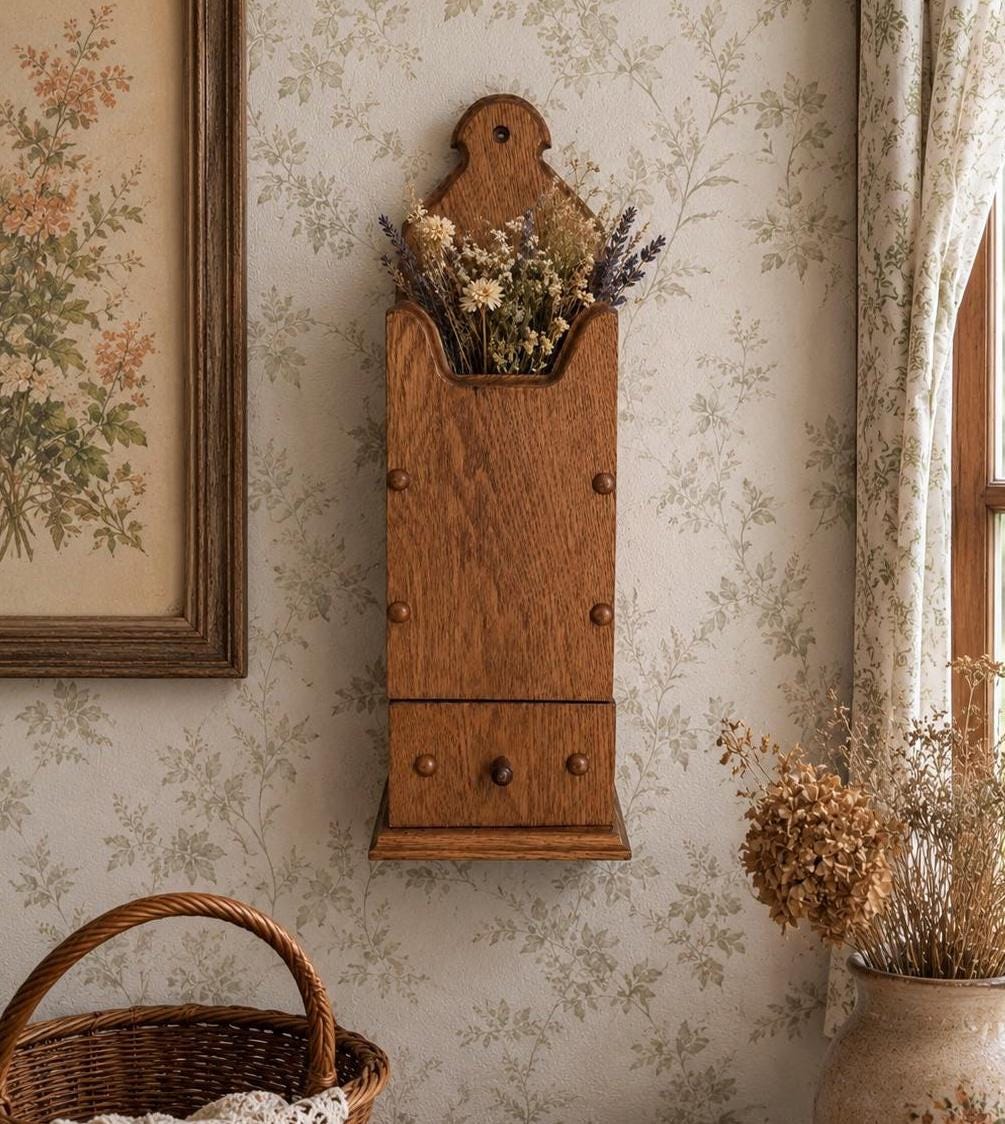 Vintage Wooden Wall Box With Drawer Rustic Farmhouse Kitchen