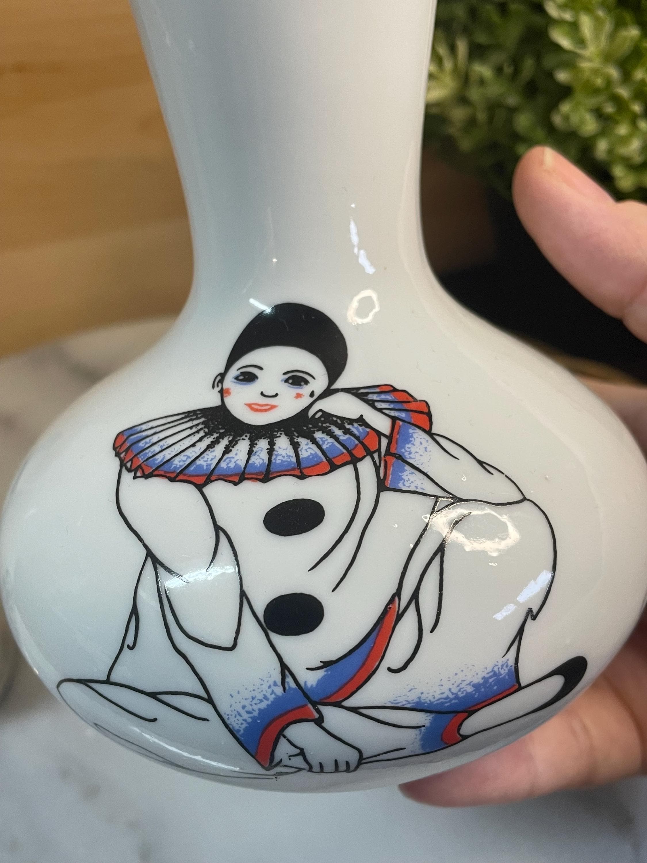 Vintage Pierrot Clown Porcelain Vases Hand Painted Whimsical