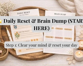 Daily Reset & Brain Dump Printable | Minimal Self-Care Planner for Overwhelmed Moms | Anxiety Relief, Mental Health, Productivity PDF
