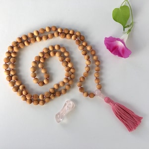 Scented Wood and Rose Quartz 108 Mala Tassel Necklace