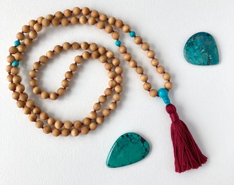 Turquoise and Scented Wood Zen Mala Tassel Necklace