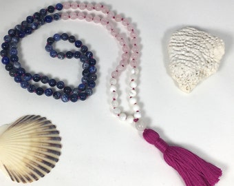 Sodalite, Rose Quartz, and Mother of Pearl 108 Mala Tassel Necklace