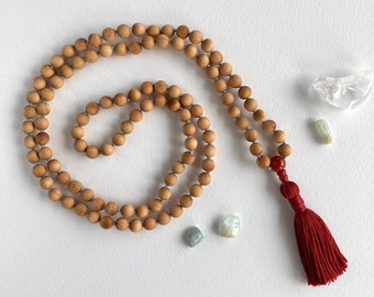 Scented Wood and Carnelian 108 Mala Tassel Necklace