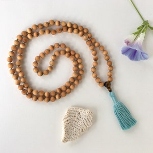 Scented Wood and Tiger Eye 108 Mala Tassel Necklace