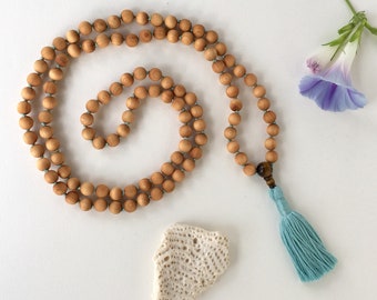 Scented Wood and Tiger Eye 108 Mala Tassel Necklace