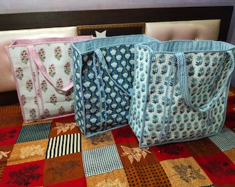 Floral Hand Block Printed Cotton Quilted Tote Bag, BOHO Travel Beach Bag