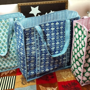 Floral Block Printed Tote Bag Large Quilted Tote Bags Vintage Travel Bag Handmade Gifts Beach Bags Shopping Bag Cotton Grocery Bags Hand Bag