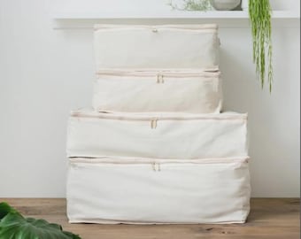 Saco de armazenamento artesanal em lona de algodão: ideal para roupas de cama, lençóis, edredons e suéteres. Possui zíper e é perfeito para guardar roupas de cama, cobertores e outros itens em armários.