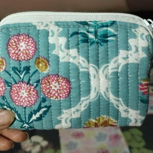 Boho Quilted Floral Zipper Pouch: Handmade Cotton Coin Purse (5x4 inch) Small zipper wallet Cotton coin pouch With Zipper Purse organizer
