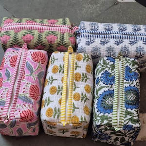 Large Cotton Quilted Toiletry Bag | Block Print Travel Accessory