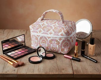 Quilted Cotton Train Case, Block Print Toiletry Bag, Boho Makeup Toiletry Bag, Travel Cosmetic Pouch, Bridesmaid Gift Embroidered Floral Bag
