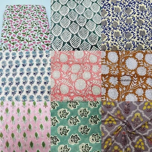 Puede incluir: Una colección de muestras de tela estampada. Los diseños incluyen patrones florales y de hojas en varios colores como rosa, azul, verde y marrón. Las telas están dispuestas en una cuadrícula.