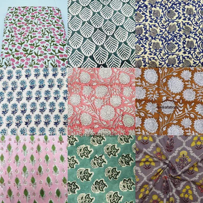 May include: A collection of patterned fabric samples. Designs include floral and leaf patterns in various colors such as pink, blue, green, and brown. The fabrics are arranged in a grid, showcasing the variety of prints.