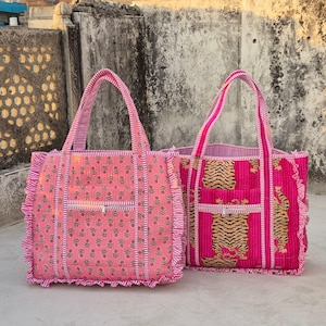 Large Cotton Quilted Tote Bag With Frill Handmade Floral Quilted Tote Bag Cotton Kantha Shopper, Ruffle Frill Weekender Beach Bag For Women