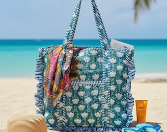 Handmade Floral Quilted Tote Bag – Cotton Kantha Shopper, Ruffle Frill