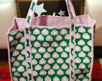 Embroidered Cotton Quilted Bag, Block Print Tote Bag for Women, Boho Travel Bag, Handmade Shoulder Purse, Large Floral Weekender, Bridesmaid