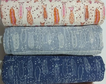 Fish Print Kantha Quilt, Indian Hand Block, Reversible Cotton Bedspread, Twin Size